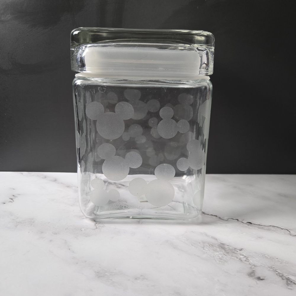 Vintage Disney Canada Clear Glass Jar And Lid with Etched Mickey Mouse Design